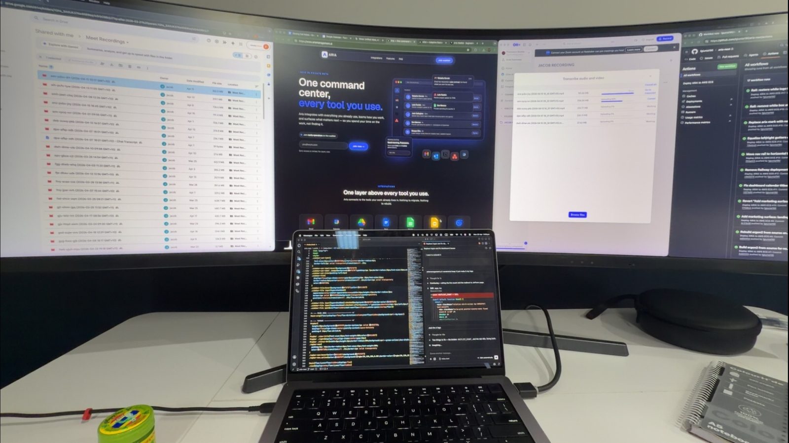 Three screens on the founder's desk